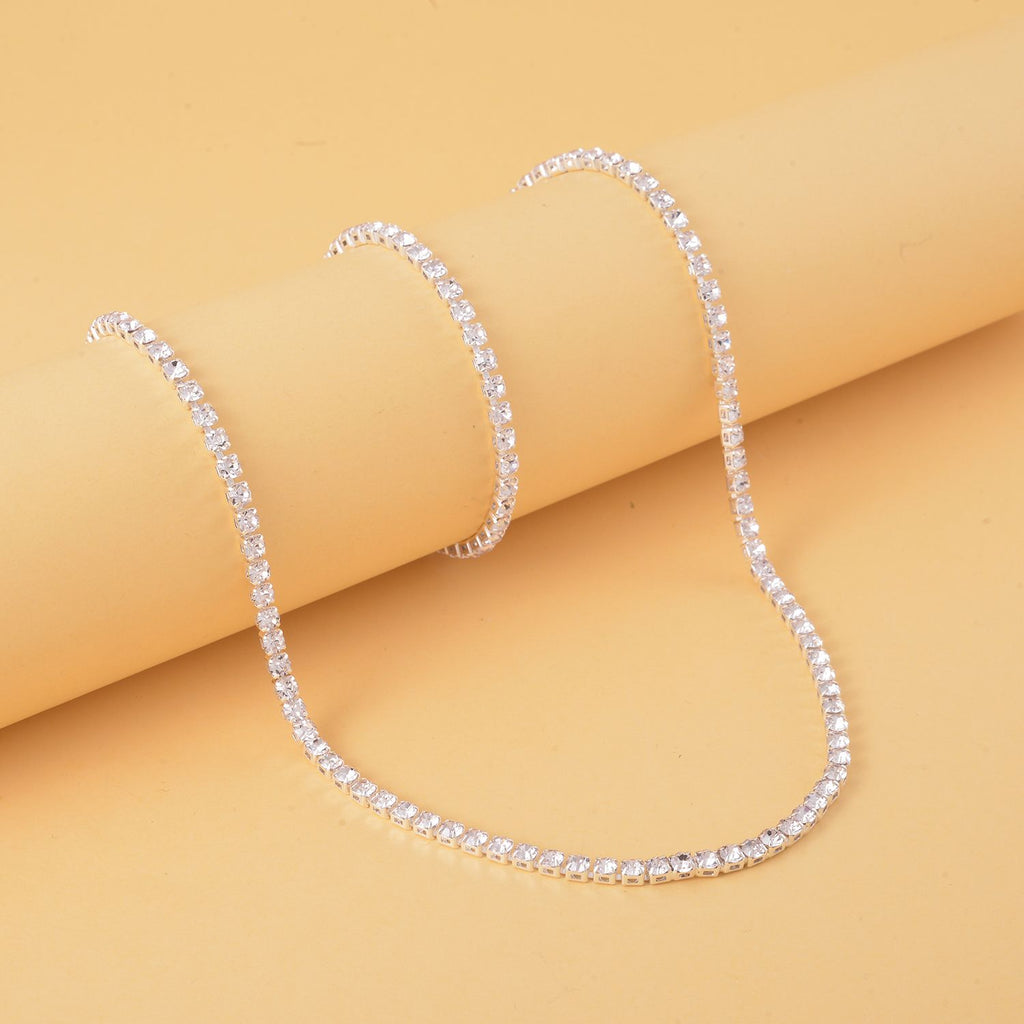 2er Set Weiße Kristall Halskette und Armband mit Bolo Verlängerung, silberfarben