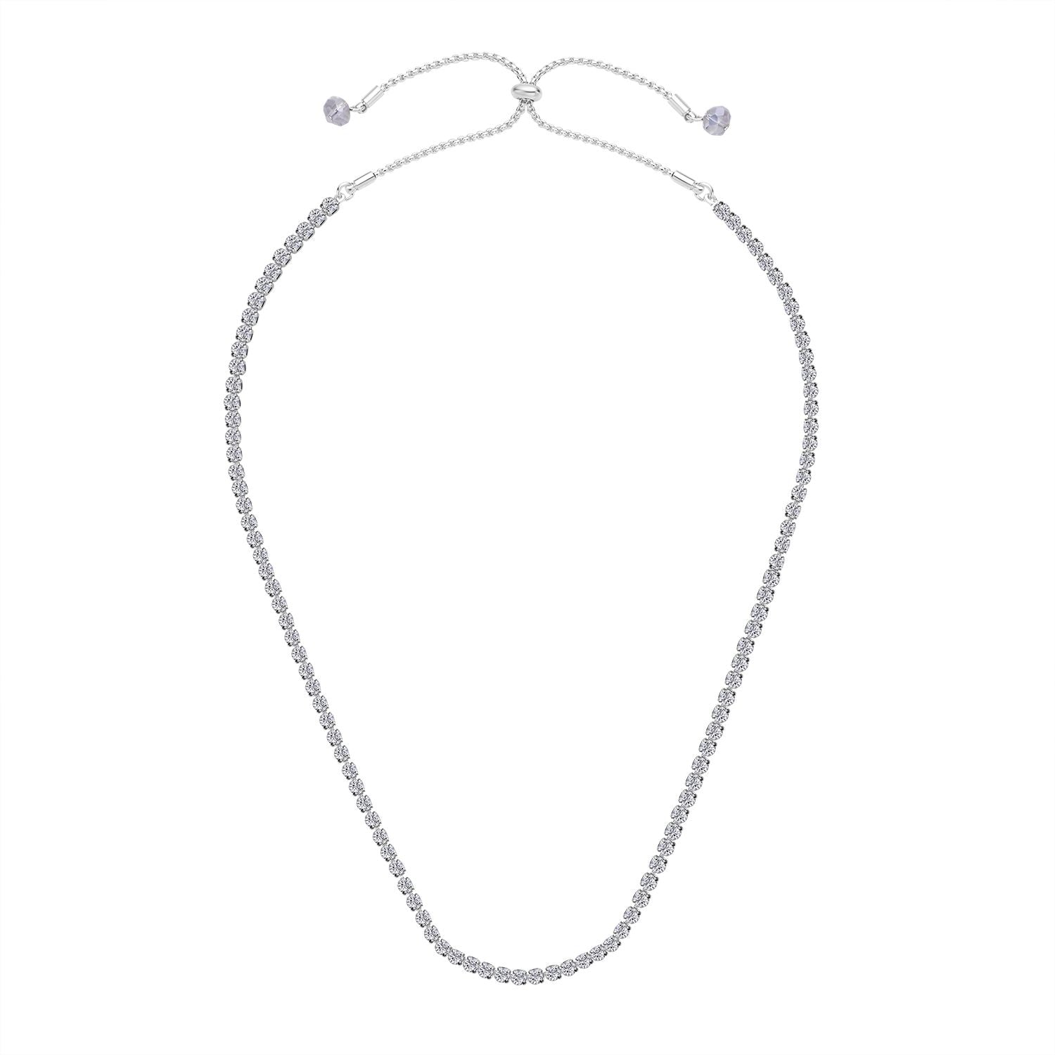 2er Set Weiße Kristall Halskette und Armband mit Bolo Verlängerung, silberfarben