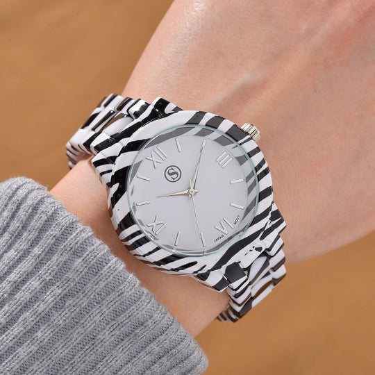 6er Set - J Francis gefertigt aus Harz: 5 Armbänder und Zebra-Muster Uhr, vergoldet