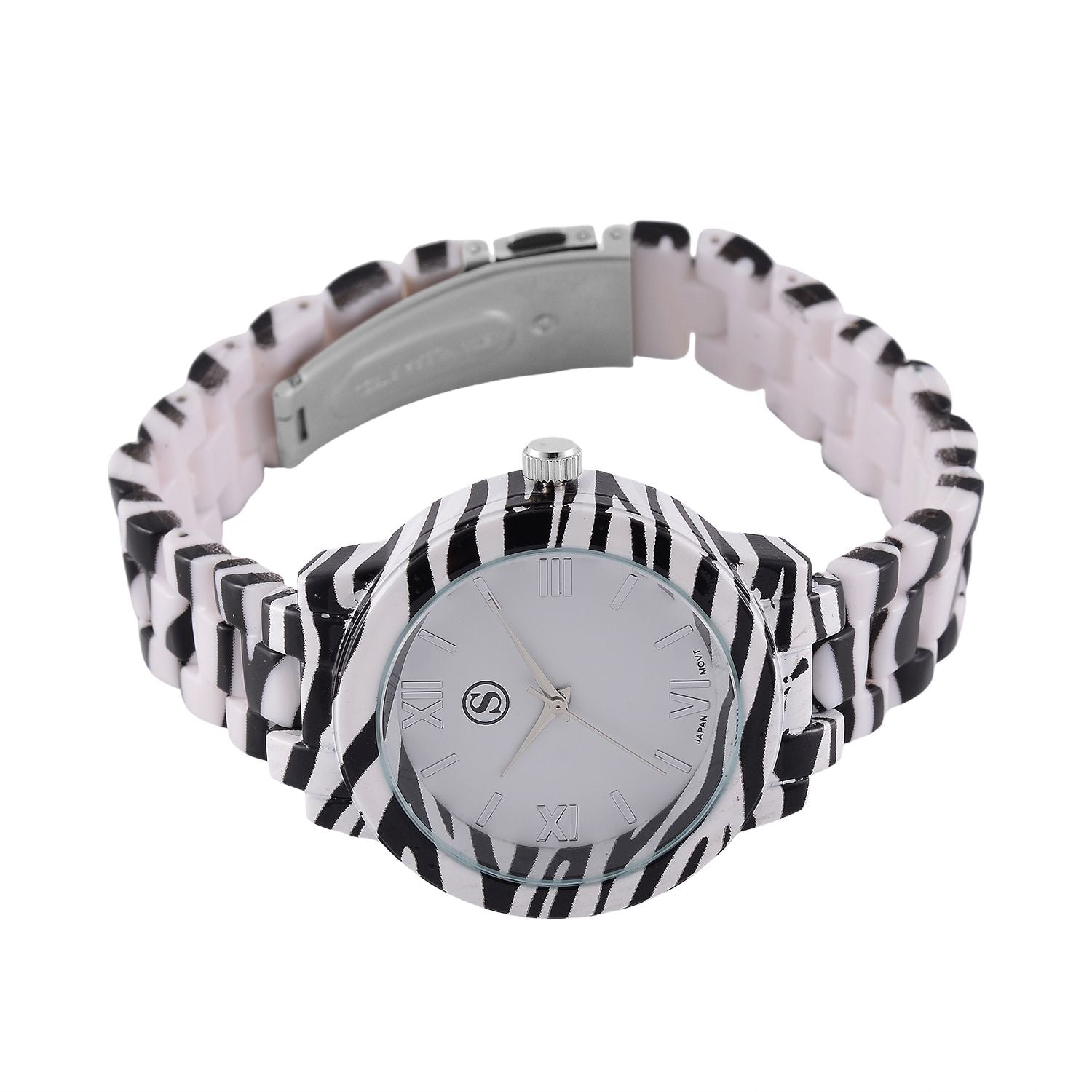 6er Set - J Francis gefertigt aus Harz: 5 Armbänder und Zebra-Muster Uhr, vergoldet