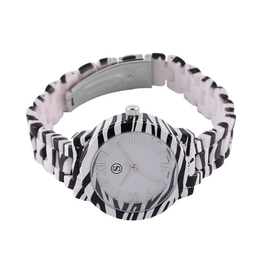 6er Set - J Francis gefertigt aus Harz: 5 Armbänder und Zebra-Muster Uhr, vergoldet