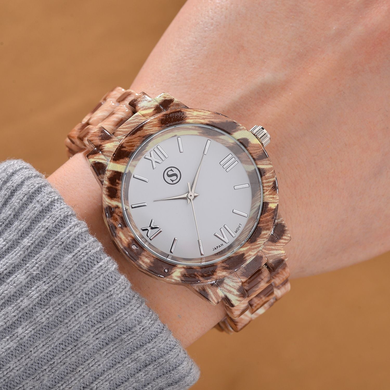 6er Set - gefertigt aus Harz: 5 Armbänder und  Leopardenmuster Uhr, vergoldet