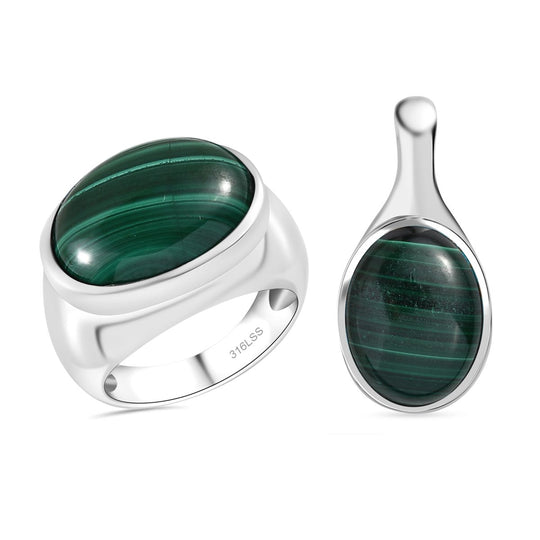 2er Set - Malachit Ring und Anhänger, Größe (16.00), 316L Edelstahl ca. 30.00 ct