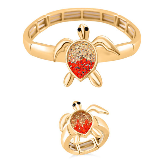 2er Set - Weißer Kristall, Orange Kristall Flexibles Armreif und Flexibler Ring, goldfarben