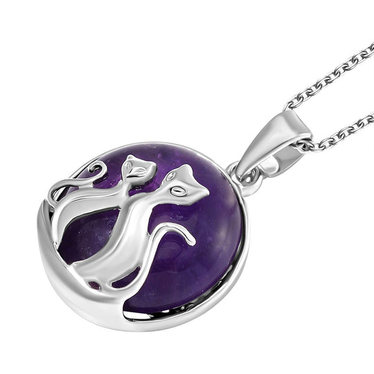Afrikanischer Amethyst Katzen Anhänger mit Kette, Reiner Edelstahl ca. 10.00 ct