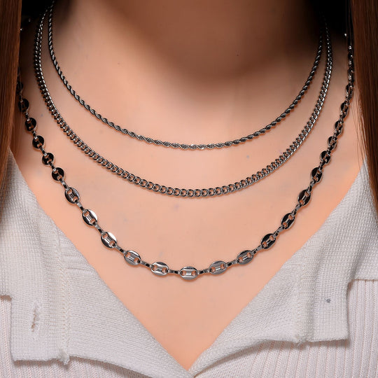 3er Set - Kugelkette 40 cm,  Gliederkette 45 cm, Ankerkette 55 cm, Edelstahl, Goldfarben