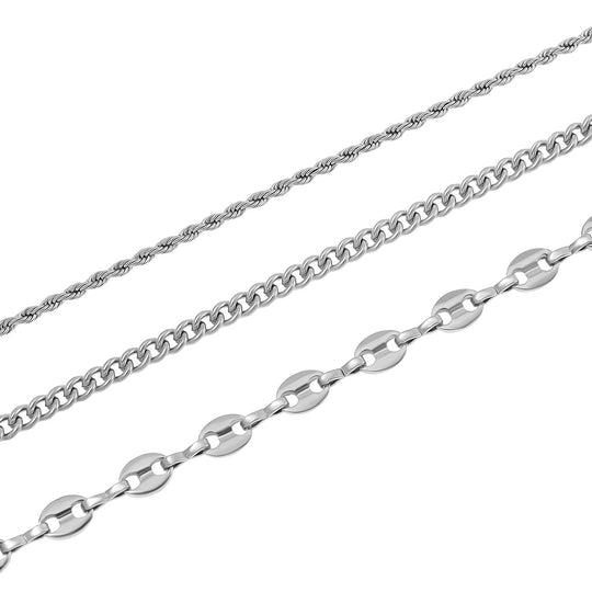 3er Set - Kugelkette 40 cm,  Gliederkette 45 cm, Ankerkette 55 cm, Edelstahl, Goldfarben