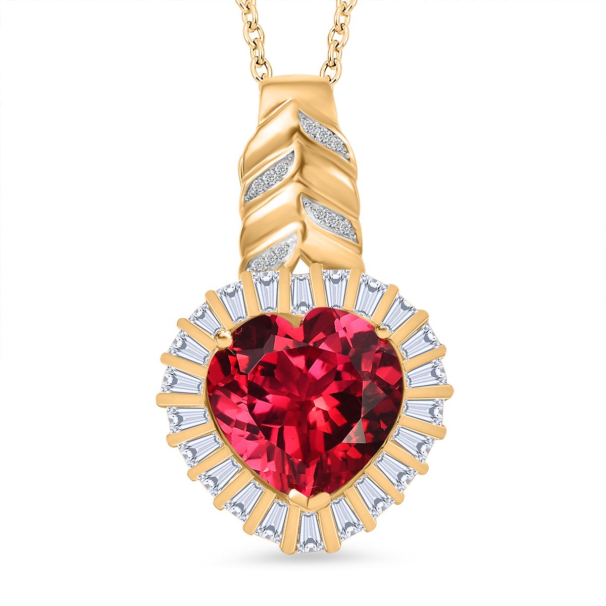 GP Amore Kollektion - Synthetischer Padparadscha-Saphir, Weißer Zirkon Schmuckset 925 Silber 750 Gelbgold Vermeil ca. 14,15 ct.
