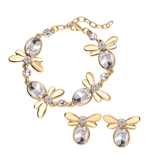 DESIGNER INSPIRIERT - 2er Set - Weißer Kristall Armband (ca. 19 cm + 5 cm Extender) und Ohrringe, goldfarben