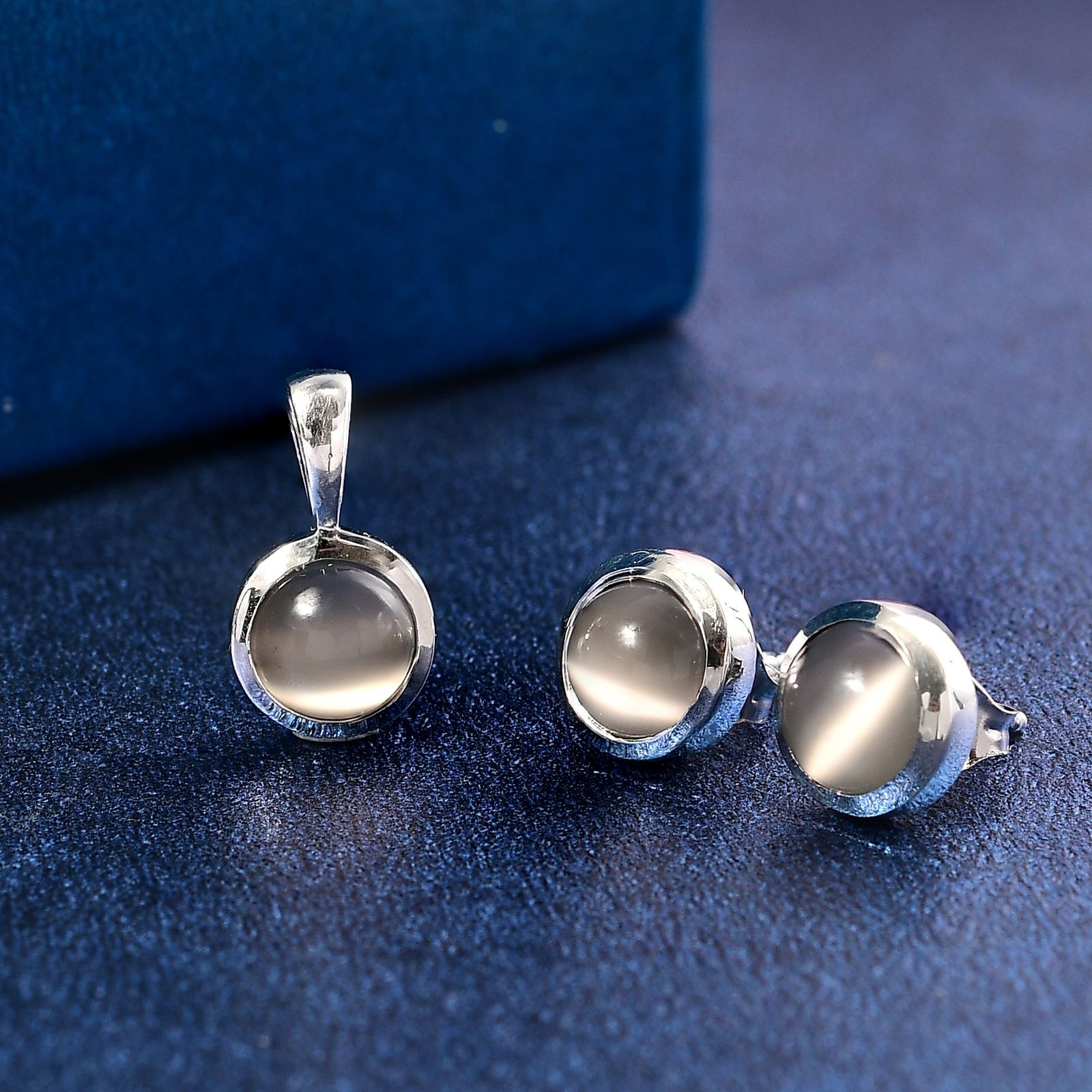 2er Set - Srilankan Ebony Mondstein Anhänger und Ohrringe, 925 Silber rhodiniert (Doublet) ca. 4.50 ct