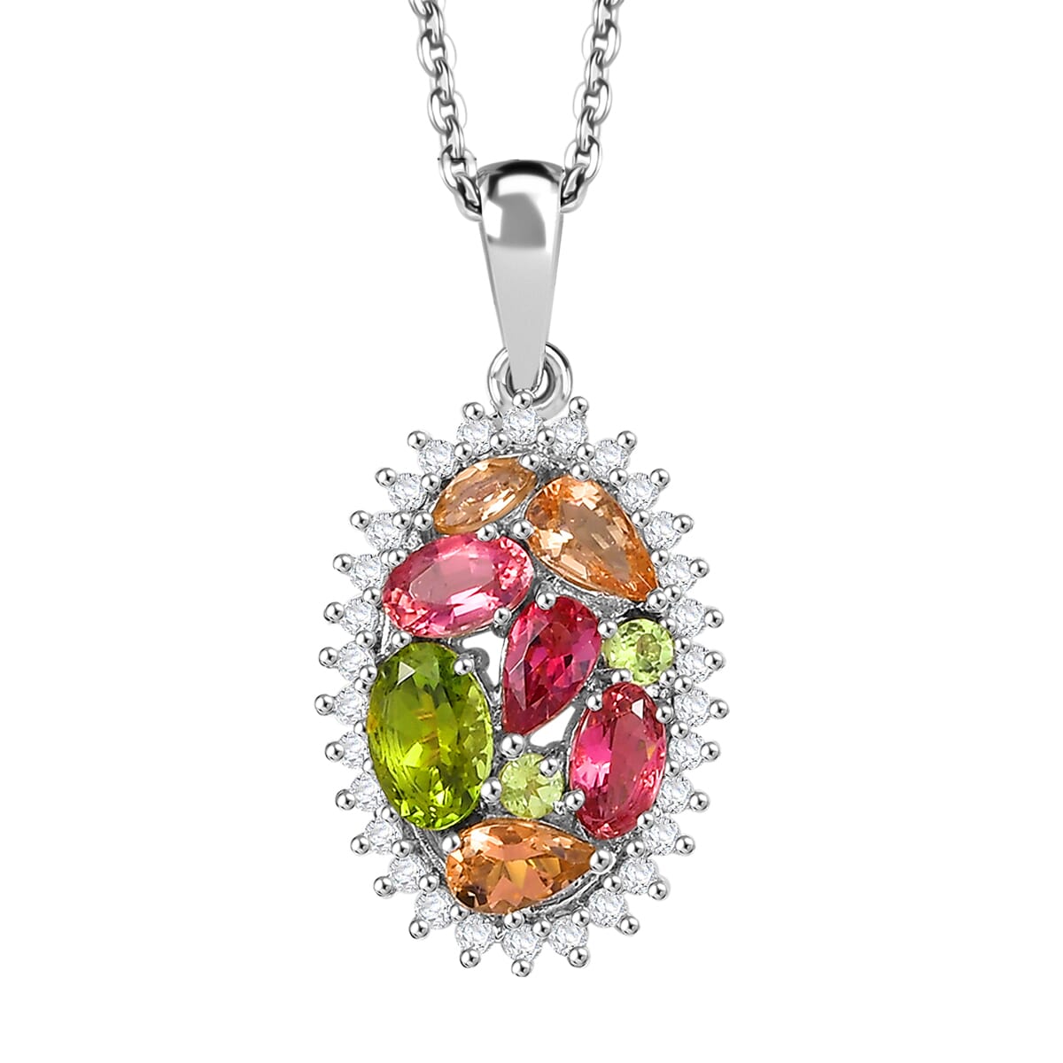 AAA Mehrfarbige Calabar -Turmalin, Weißer Zirkon Anhänger mit Kette ca. 50 cm, 925 Silber rhodiniert ca. 2.00 ct