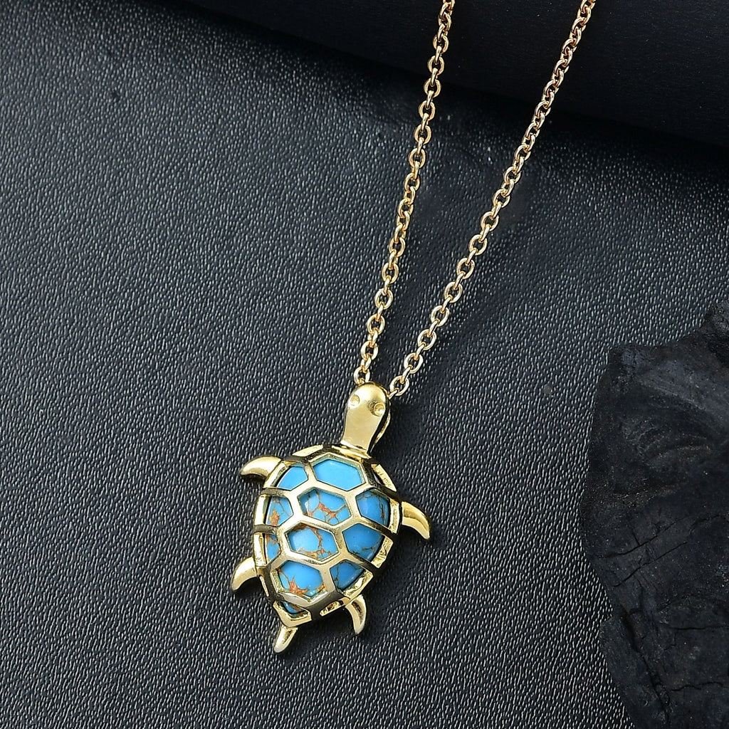 Blaues Türkis Schildkröte Anhänger mit Kette, Gelbes Messing, ca. 5.85 ct