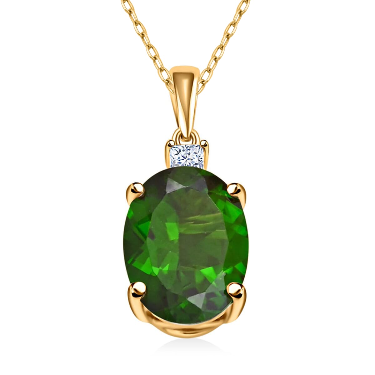 AAA Natürlicher Chromdiopsid, Weißer Diamant Anhänger mit kette ca. 45 cm, AGI zertifiziert und geprüft, 417 Gelb Gold ca. 2.65 ct