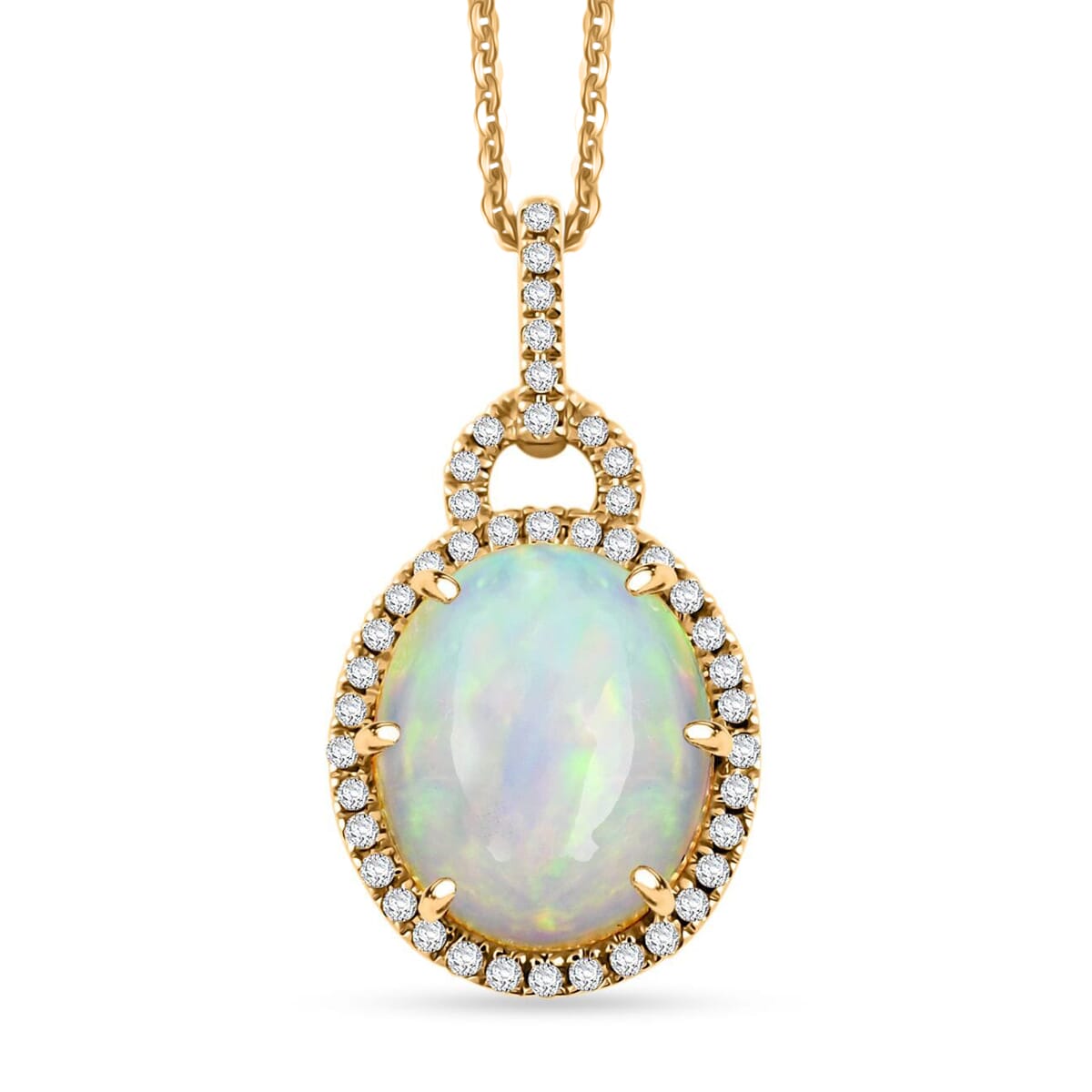 AAA Natürlicher, äthiopischer Welo Opal, Weißer Diamant AGI zertifiziert Anhänger mit Kette, 417 Gold ca. 3.60 ct