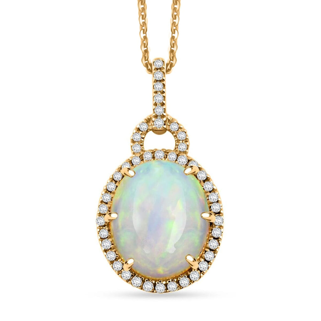 AAA Natürlicher, äthiopischer Welo Opal, Weißer Diamant AGI zertifiziert Anhänger mit Kette, 417 Gold ca. 3.60 ct
