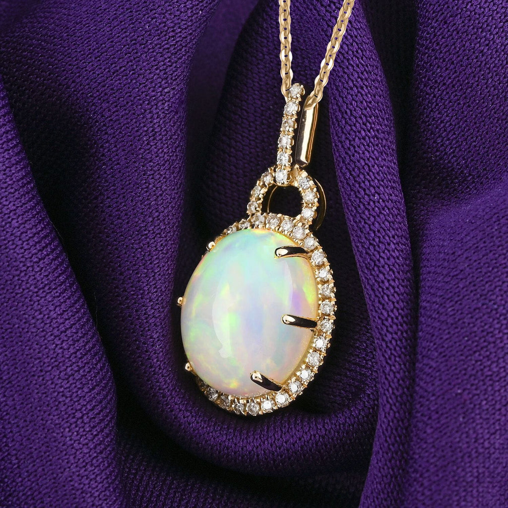 AAA Natürlicher, äthiopischer Welo Opal, Weißer Diamant AGI zertifiziert Anhänger mit Kette, 417 Gold ca. 3.60 ct