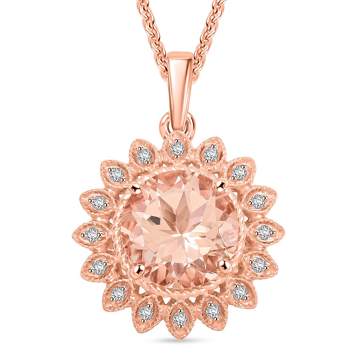 LUXORO zertifizierter und geprüfter AAA Morganit und GH-I2 Diamant floraler Halo Anhänger mit 45cm Kette in 417 Roségold - 3,50 ct.