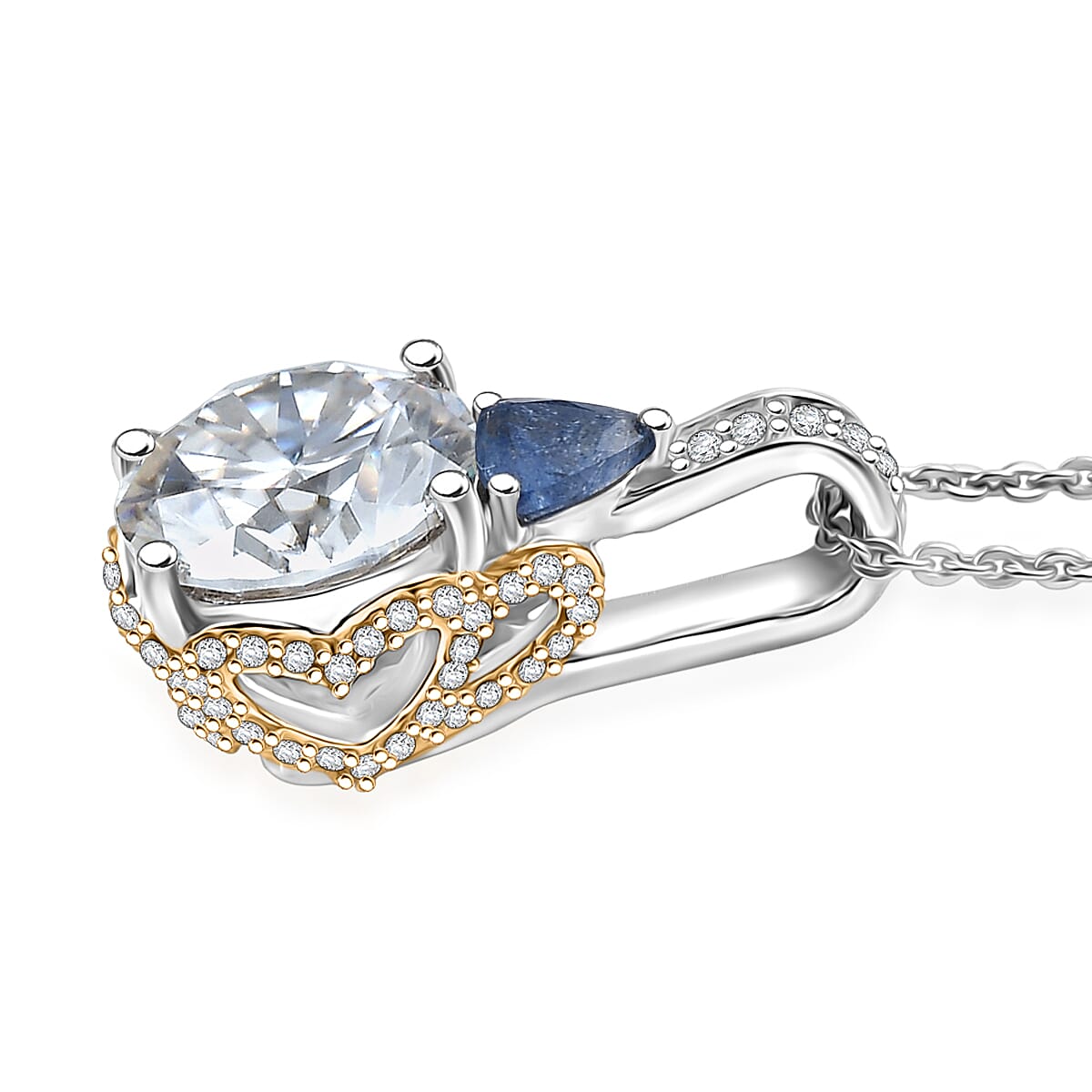 Moissanit, Masoala Saphir (Fissure gefüllt) Schmuckset ca. 50 cm 925 Silber rhodiniert ca. 3.65 ct