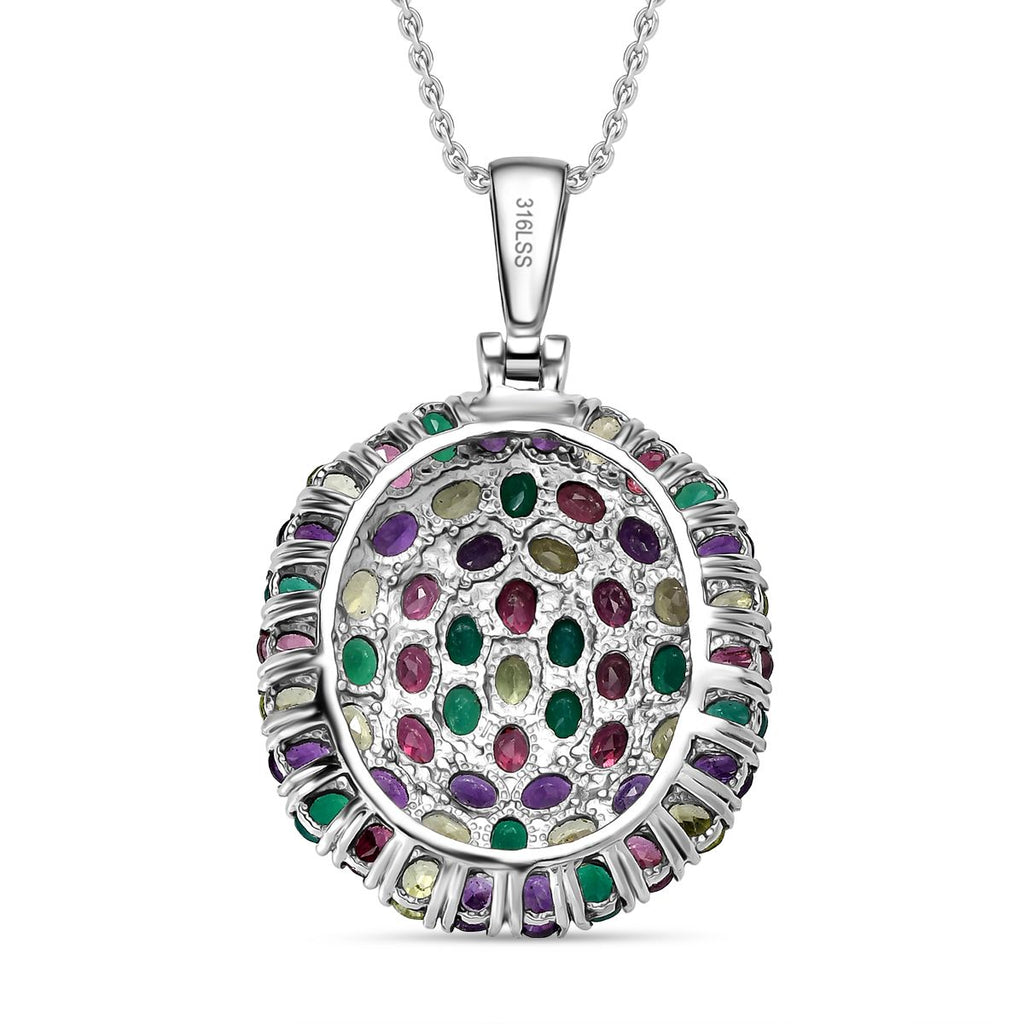 Rhodolith Granat, Afrikanischer Amethyst Anhänger mit Kette, Edelstahl ca. 9.44 ct