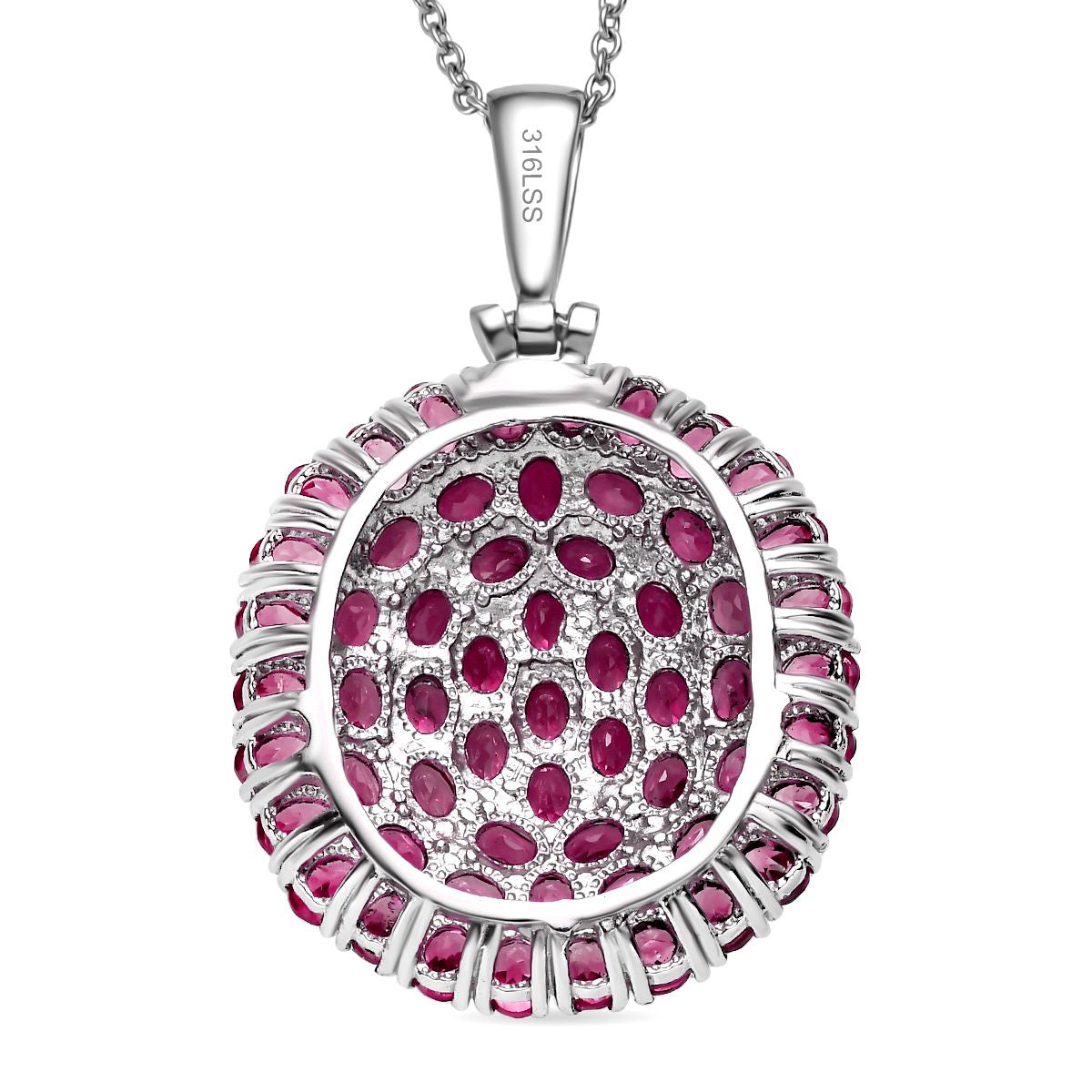 Rhodolith Granat Anhänger mit Kette, Edelstahl ca. 9.44 ct