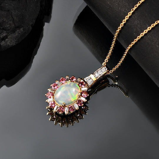 AA Natürlicher, äthiopischer Welo Opal, Tsavorite Granat Blütenzauber Anhänger mit Kette ca. 50 cm, 925 Silber 750 Gelbgold Vermeil ca. 1.78 ct