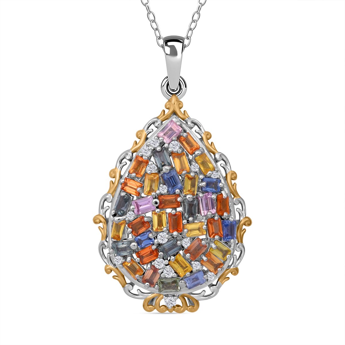 Mehrfarbig Saphir, Weißer Zirkon Anhänger mit Kette, 925 Silber Gelbgold Vermeil ca. 3.67 ct