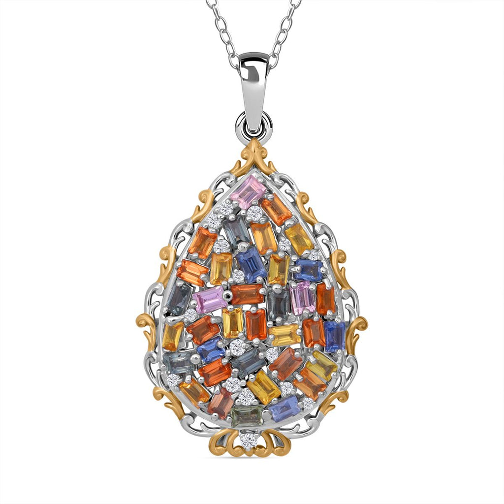 Mehrfarbig Saphir, Weißer Zirkon Anhänger mit Kette, 925 Silber Gelbgold Vermeil ca. 3.67 ct