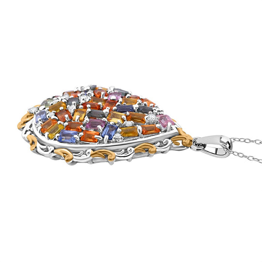 Mehrfarbig Saphir, Weißer Zirkon Anhänger mit Kette, 925 Silber Gelbgold Vermeil ca. 3.67 ct