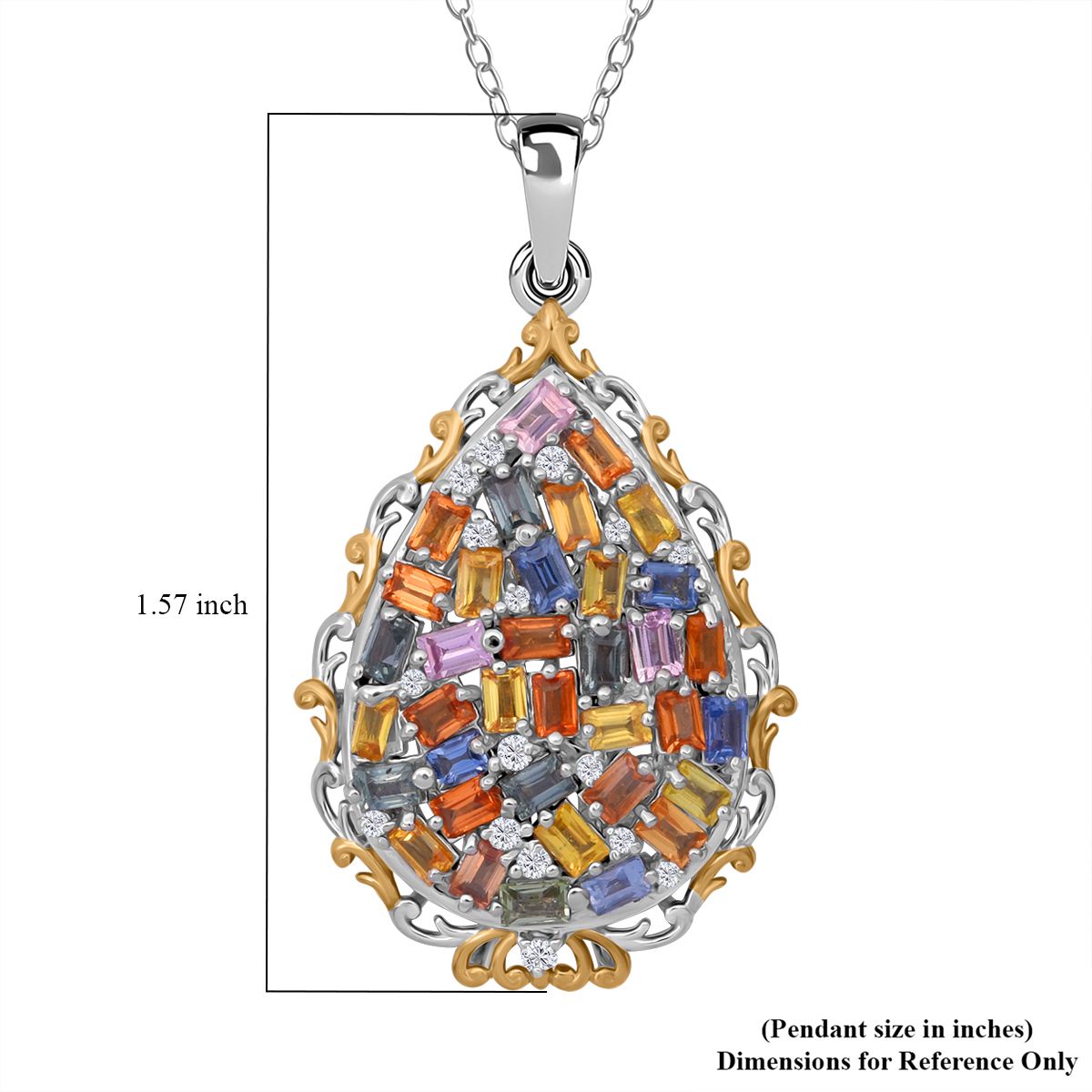 Mehrfarbig Saphir, Weißer Zirkon Anhänger mit Kette, 925 Silber Gelbgold Vermeil ca. 3.67 ct