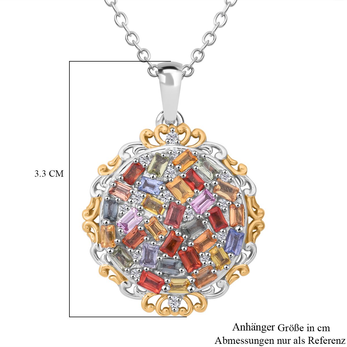 Mehrfarbiger Saphir, Weißer Zirkon Anhänger mit Kette, 925 Silber Gelbgold Vermeil ca. 3.61 ct