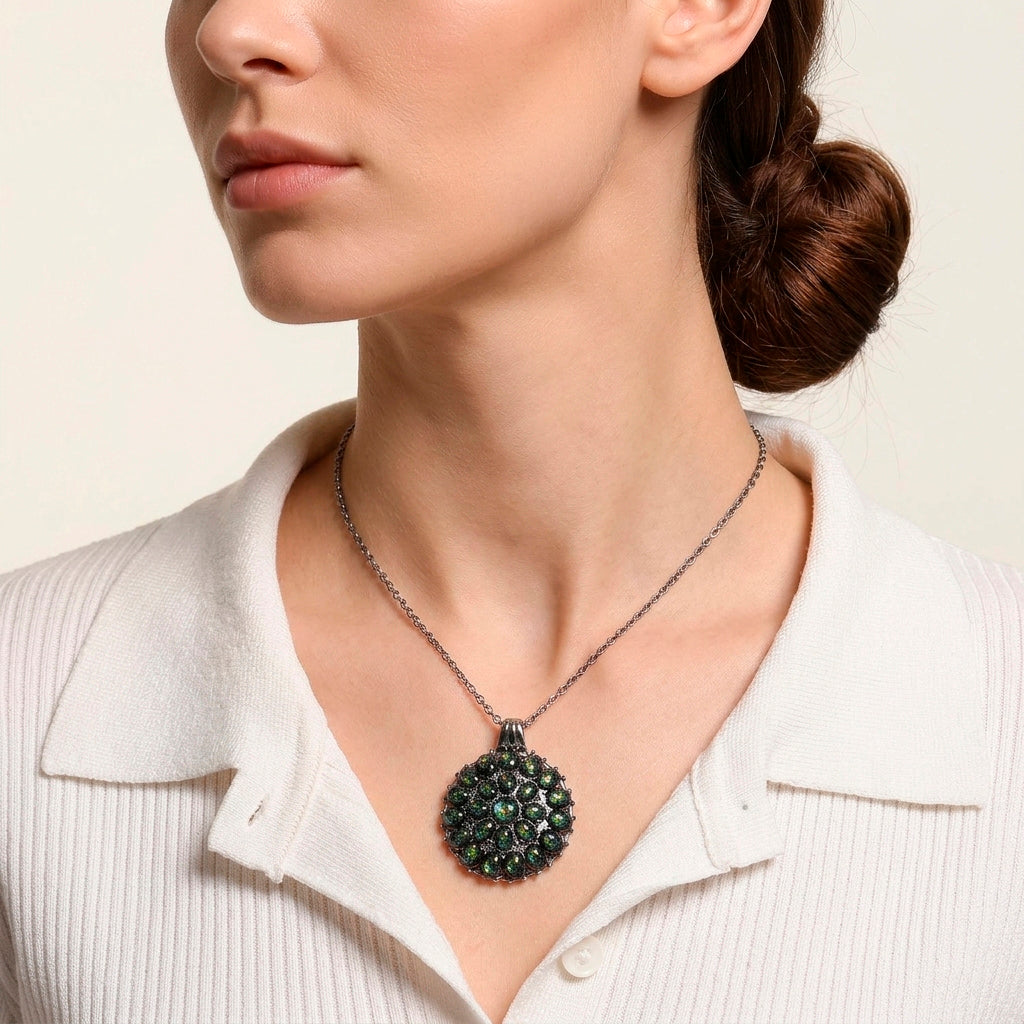 Simuliertes schwarzer Opal Anhänger mit Kette ca. 50 cm + 5 cm Extender, 316L Edelstahl