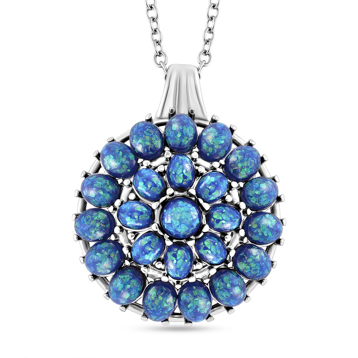 Simuliertes Blauer Opal Anhänger mit Kette ca. 50 cm + 5 cm Extender, 316L Edelstahl
