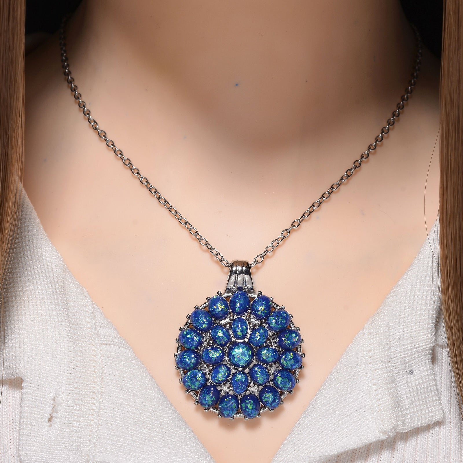 Simuliertes Blauer Opal Anhänger mit Kette ca. 50 cm + 5 cm Extender, 316L Edelstahl