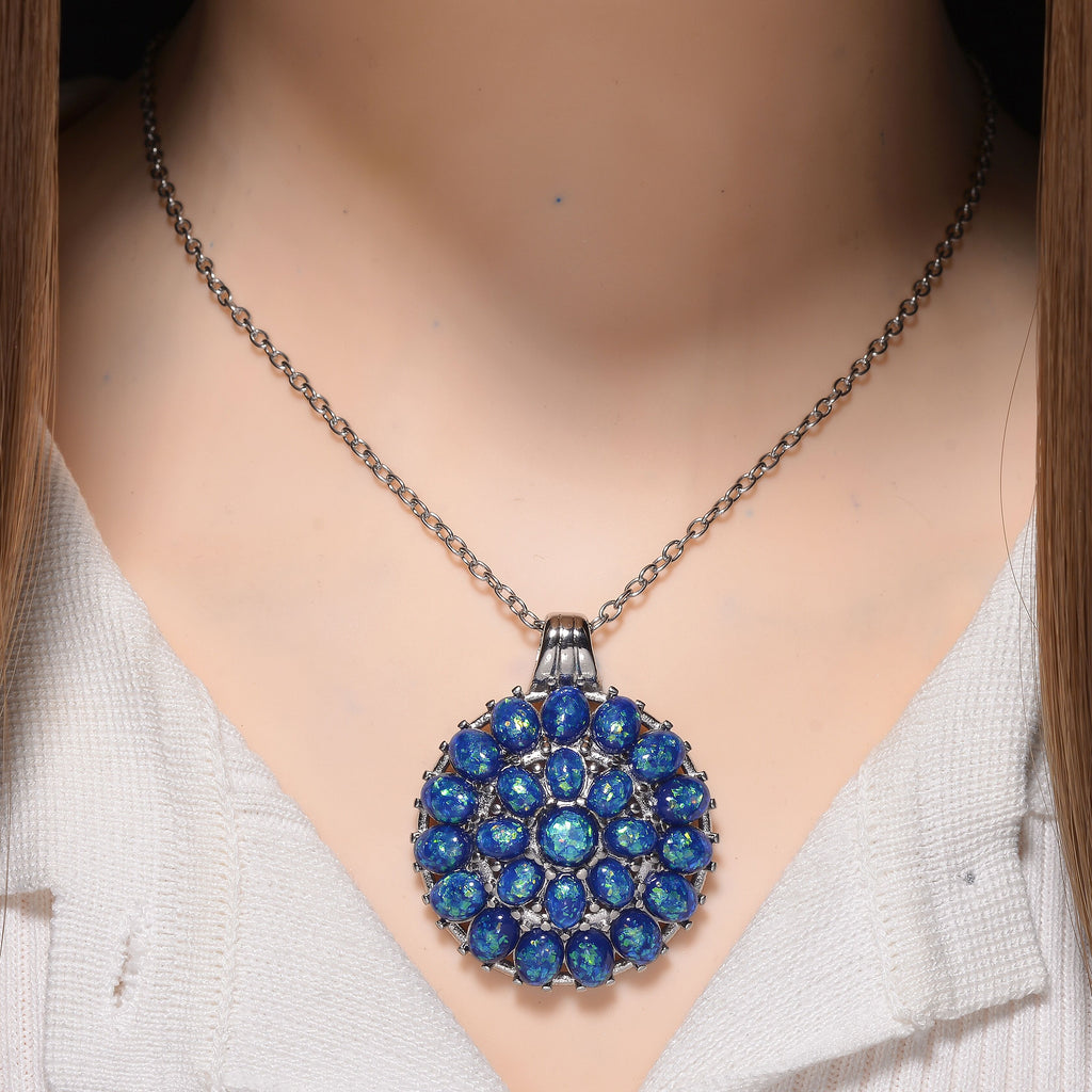 Simuliertes Blauer Opal Anhänger mit Kette ca. 50 cm + 5 cm Extender, 316L Edelstahl