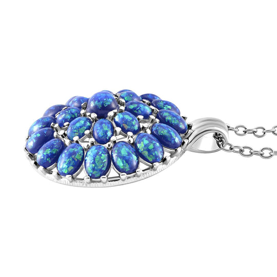 Simuliertes Blauer Opal Anhänger mit Kette ca. 50 cm + 5 cm Extender, 316L Edelstahl