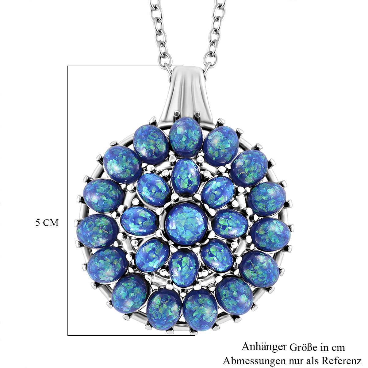 Simuliertes Blauer Opal Anhänger mit Kette ca. 50 cm + 5 cm Extender, 316L Edelstahl