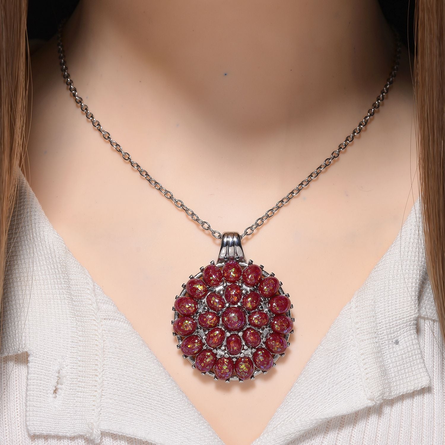 Simuliertes Rotes Opal Anhänger mit Kette ca. 50 cm + 5 cm Extender, 316L Edelstahl
