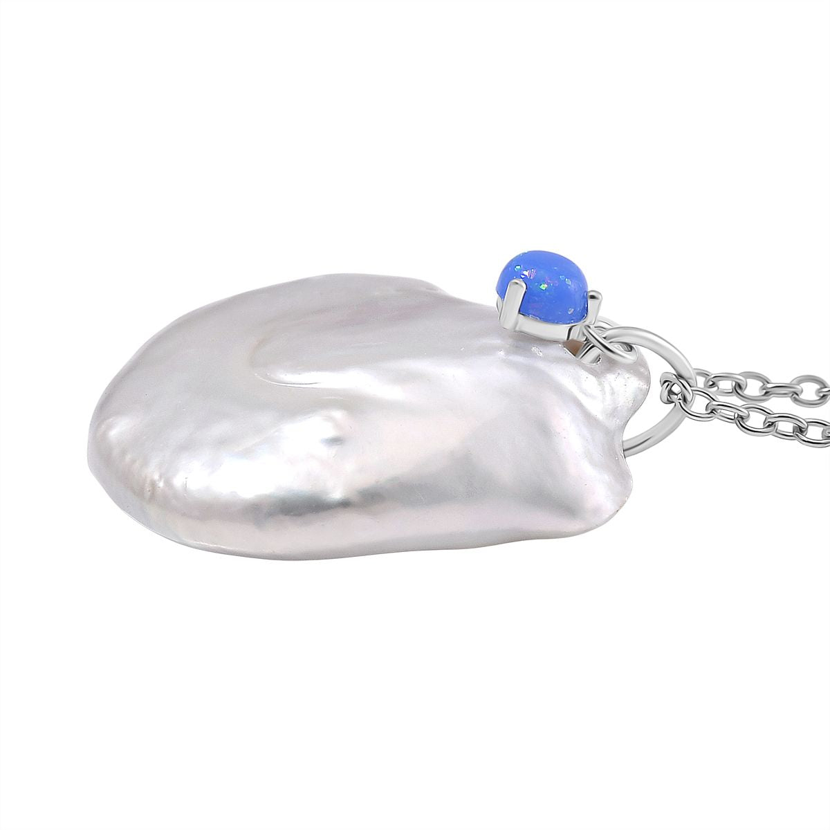 Weiße Keshi Perle, Blauer Opal Schmuckset Messing und Edelstahl
