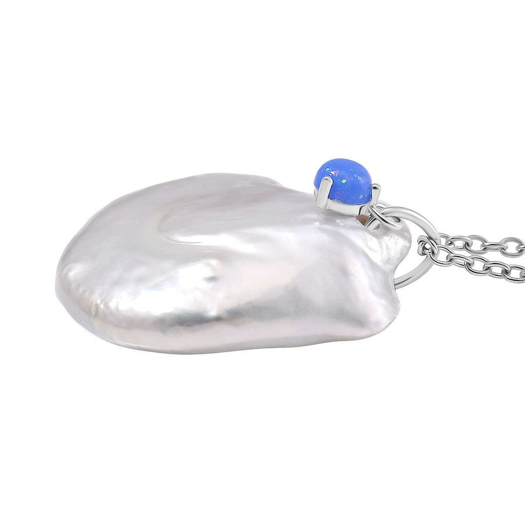 Weiße Keshi Perle, Blauer Opal Schmuckset Messing und Edelstahl