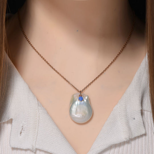 Weiße Keshi Perle, Blauer Opal Schmuckset Messing und Edelstahl IP Rosa Plattierung