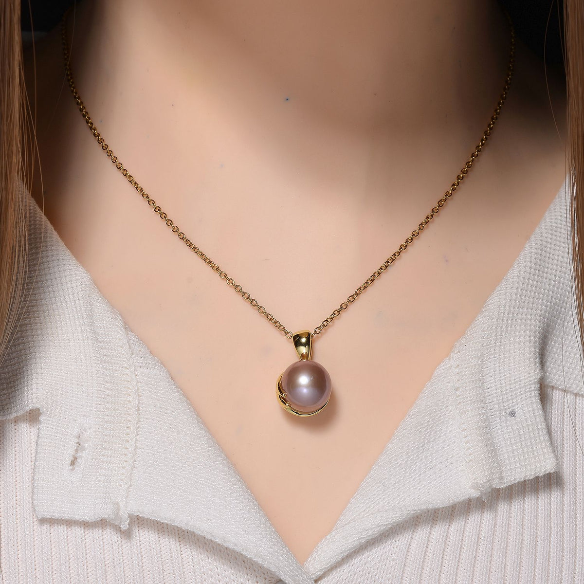 Lila Edison Perle Anhänger mit Kette, Messing, Reiner Edelstahl, vergoldet
