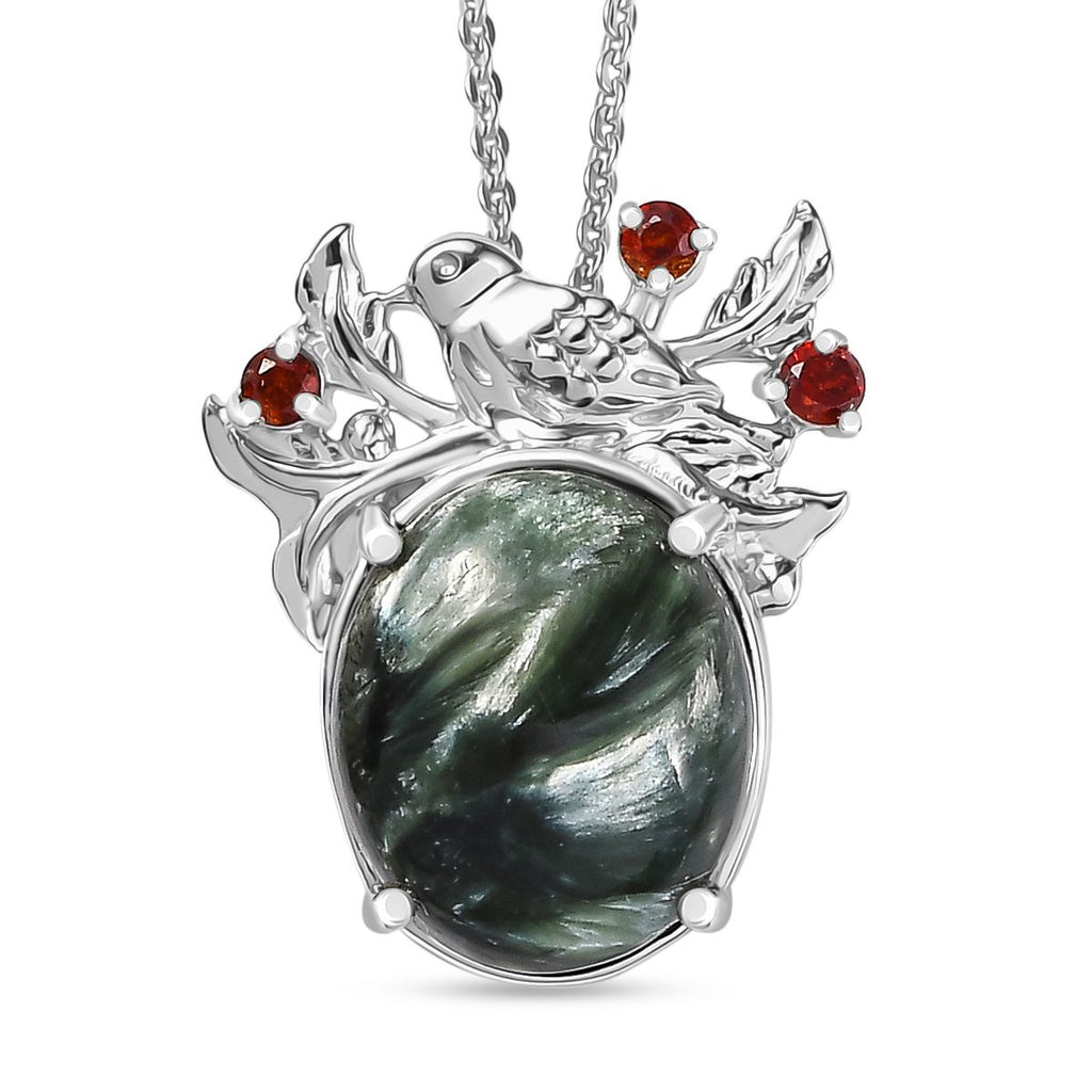 Viktorianische Blüte - Sibirischer Seraphinite, Roter Granat Anhänger mit Kette ca. 50 cm, 925 Silber platiniert ca. 5.08 ct