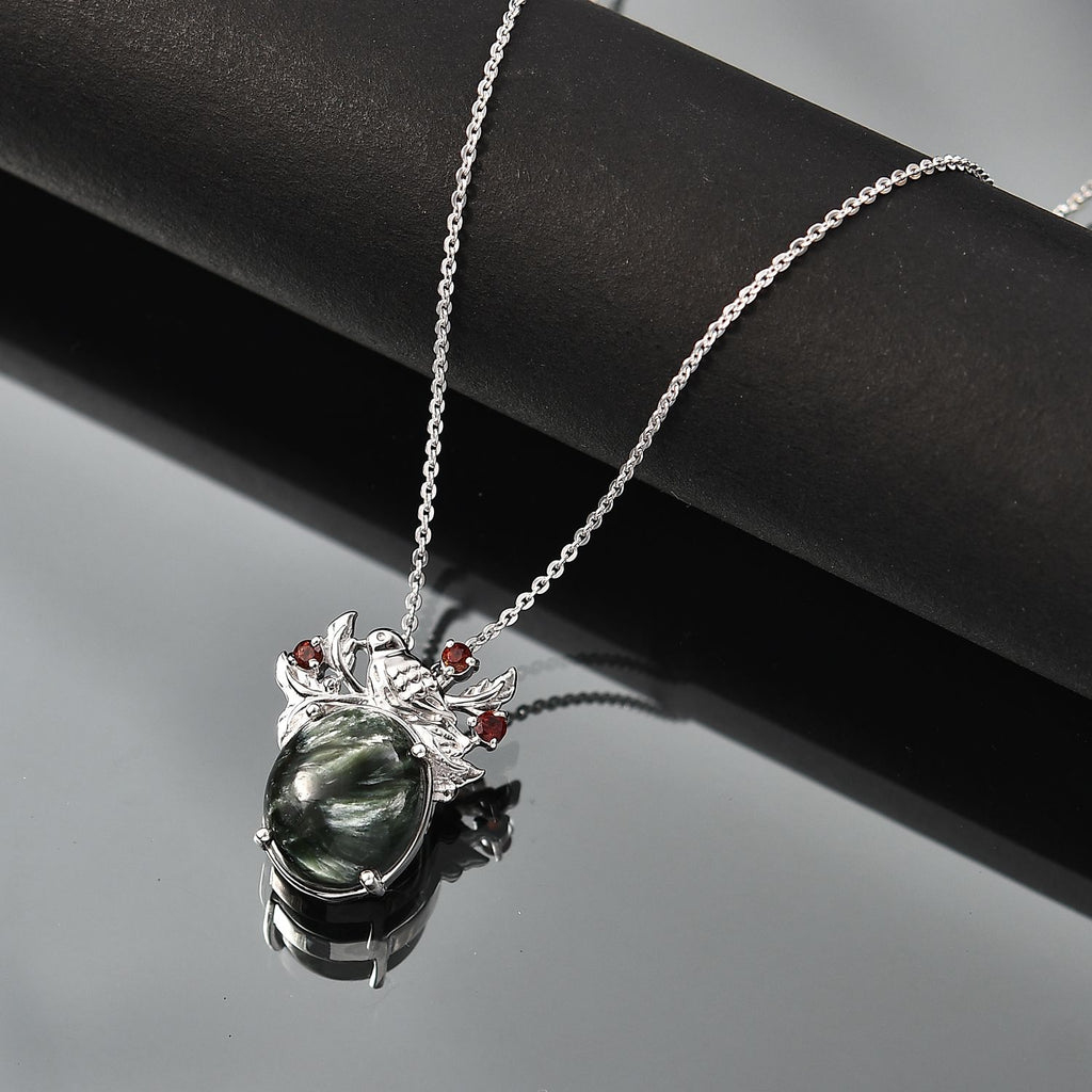 Viktorianische Blüte - Sibirischer Seraphinite, Roter Granat Anhänger mit Kette ca. 50 cm, 925 Silber platiniert ca. 5.08 ct