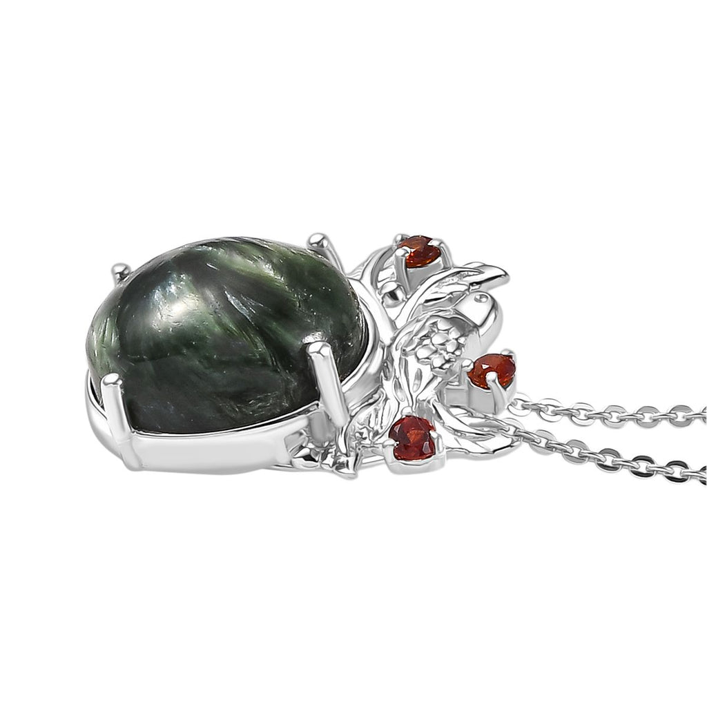 Viktorianische Blüte - Sibirischer Seraphinite, Roter Granat Anhänger mit Kette ca. 50 cm, 925 Silber platiniert ca. 5.08 ct
