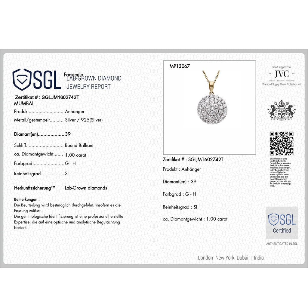LUXURIANT SGL zertifizierter SI-GH Labor Diamant Anhänger mit 50cm Kette, 925 Silber Gelbgold Vermeil - 1 ct.