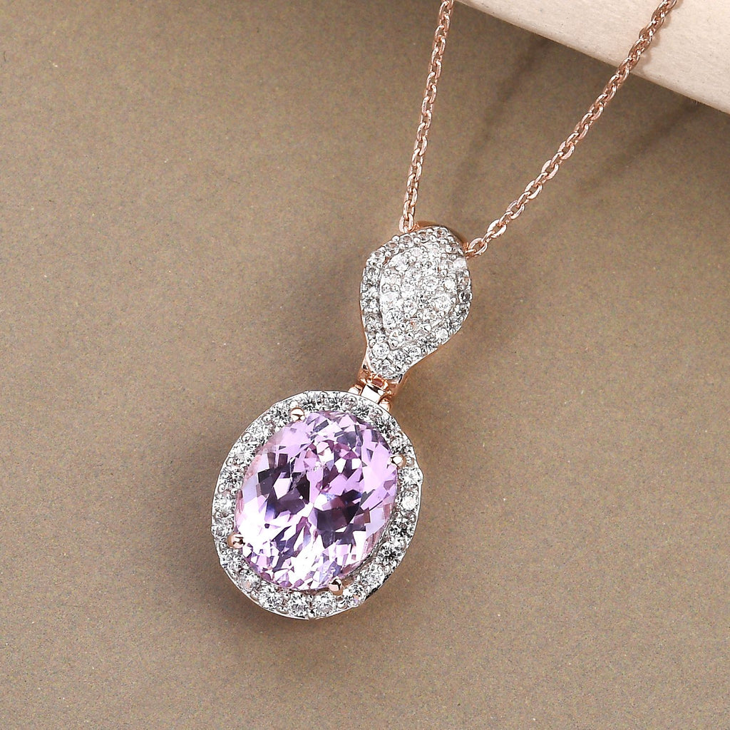 AAA Martha Rocha Kunzit und weißer Zirkon-Anhänger mit Kette, 925 Silber Roségold Vermeil ca. 5,61 ct