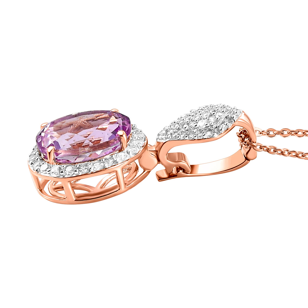 AAA Martha Rocha Kunzit und weißer Zirkon-Anhänger mit Kette, 925 Silber Roségold Vermeil ca. 5,61 ct
