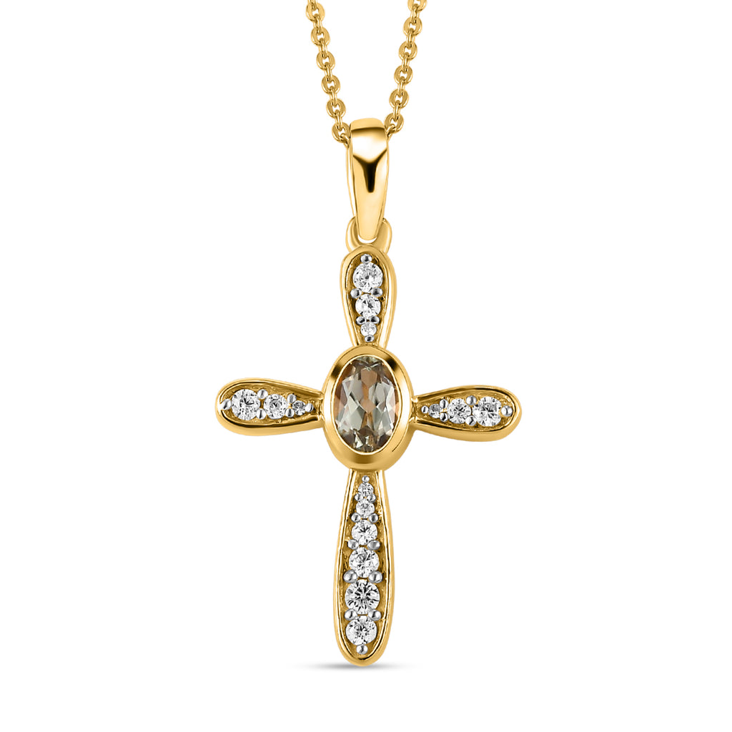 AAA Turkizit und weißer Zirkon Kreuz-Anhänger mit Kette, 925 Silber Gelbgold Vermeil ca. 0,79 ct