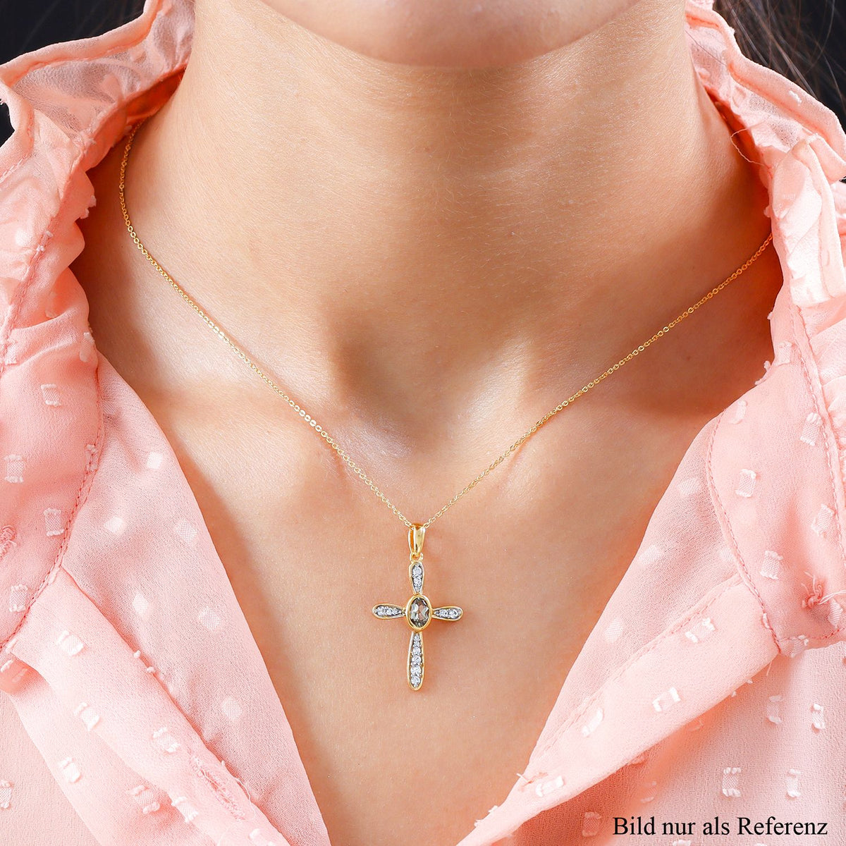 AAA Turkizit und weißer Zirkon Kreuz-Anhänger mit Kette, 925 Silber Gelbgold Vermeil ca. 0,79 ct