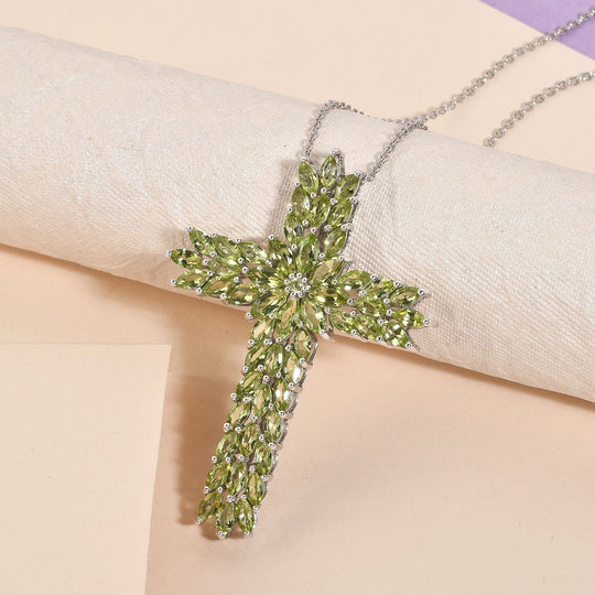Natürlicher Peridot Kreuz Anhänger mit Kette, ca. 50 cm, 925 Silber platiniert, ca. 9.05 ct